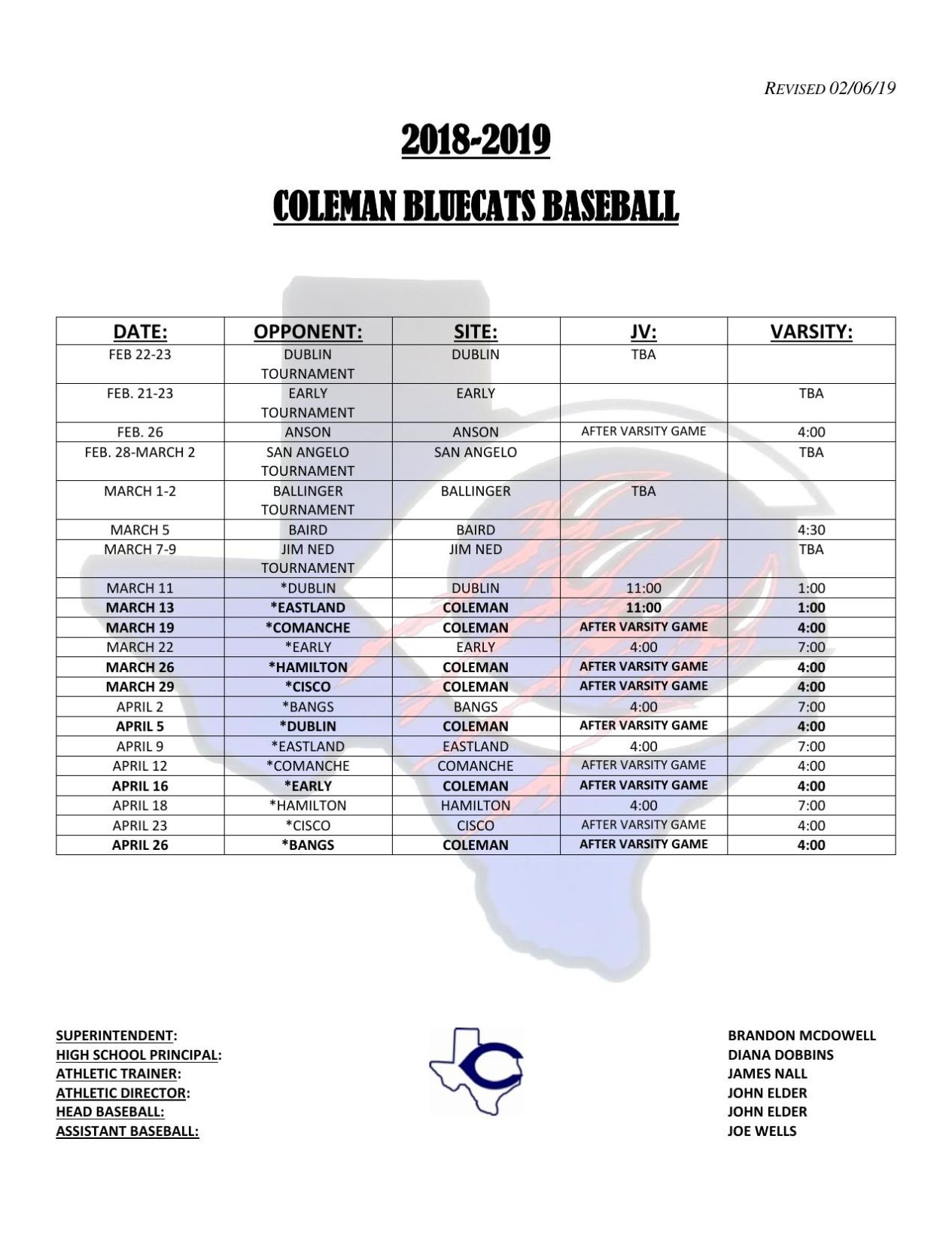 CHS Baseball Schedule UPDATED