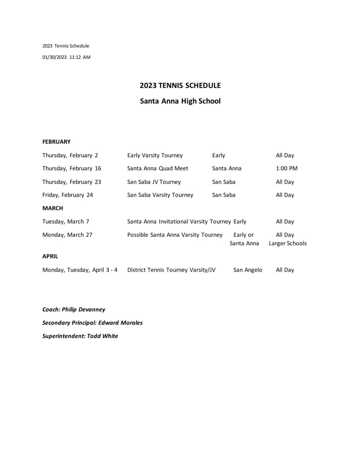 2023 Santa Anna HS Tennis Schedule | | colemantoday.com