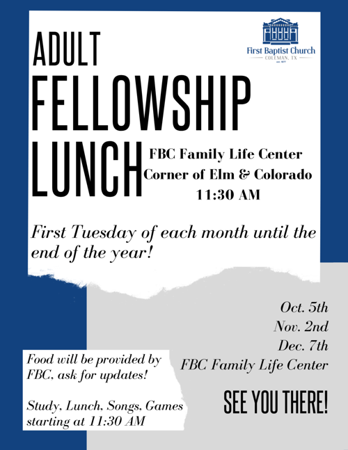 Adult Fellowship Lunch Tuesday, Oct. 5th