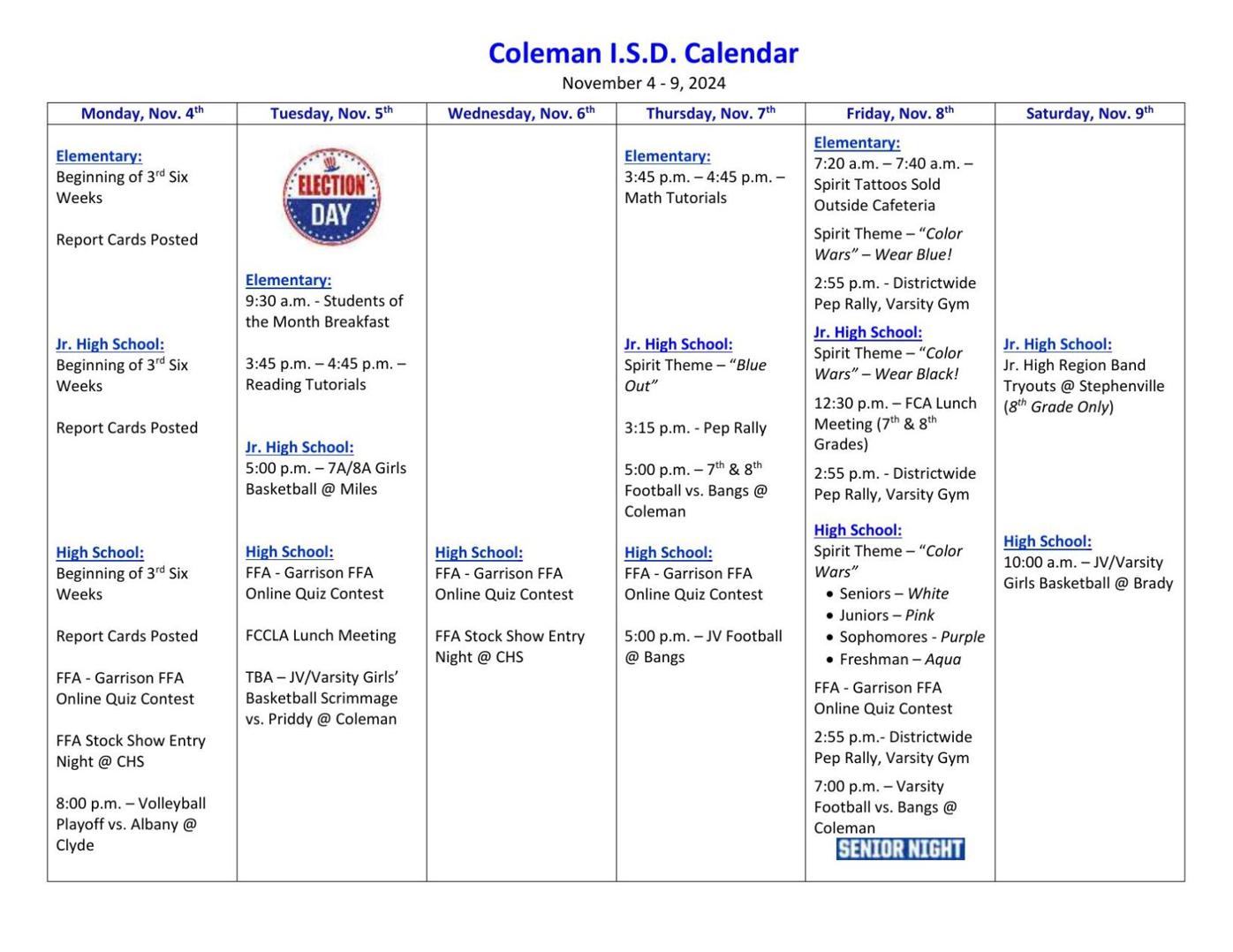 Coleman I.S.D. Calendar November 4 9, 2024 School News