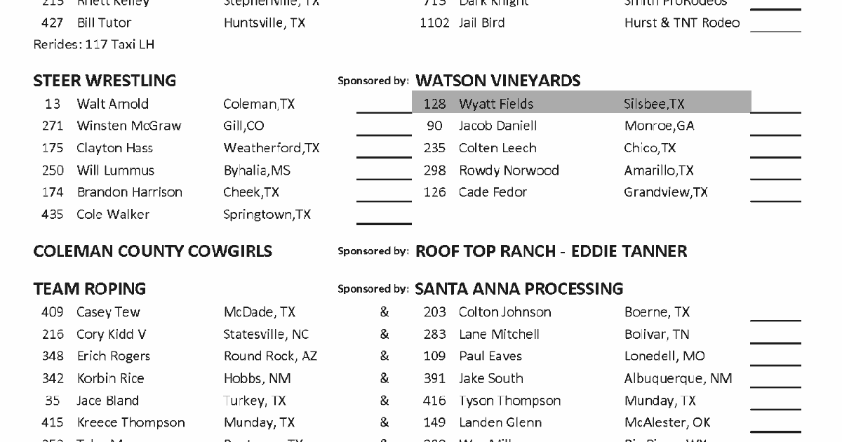 Thursday Night Coleman PRCA Rodeo Program - Contestants by Event | News ...
