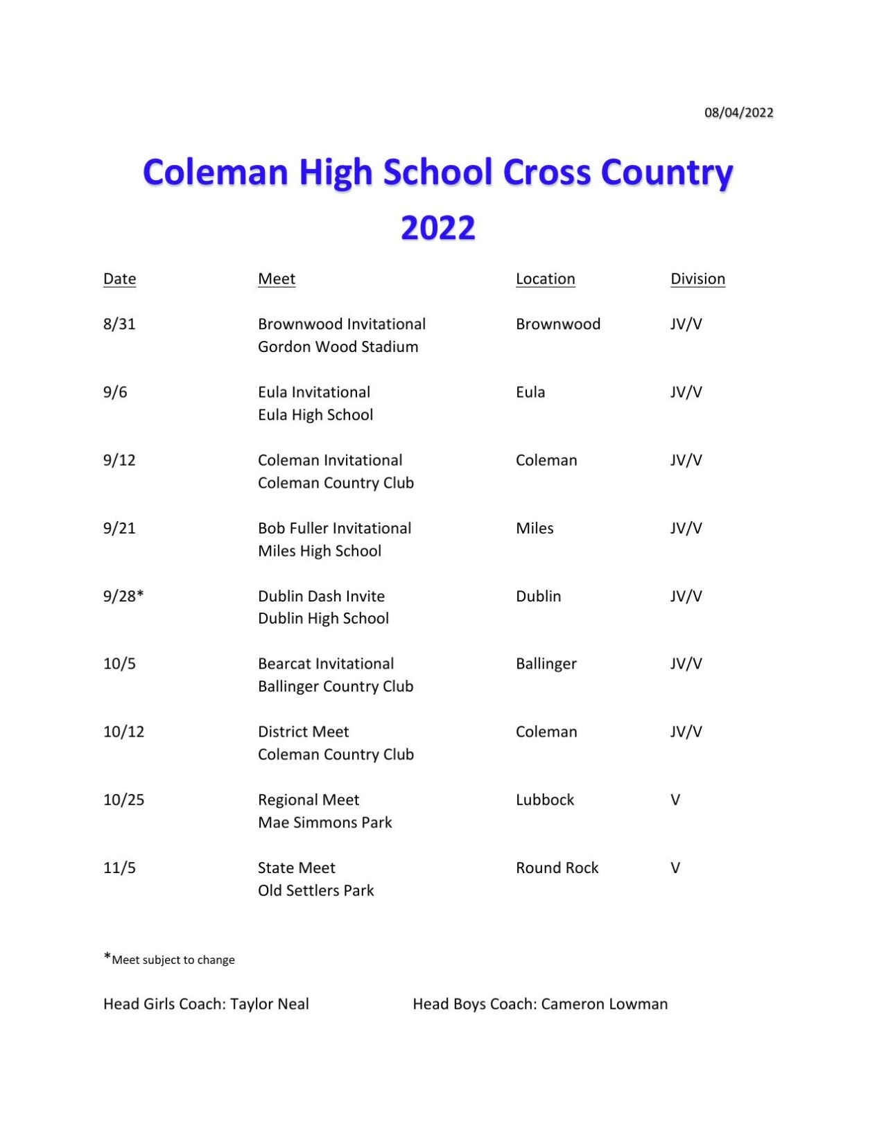 CHS Cross Country Schedule 2022