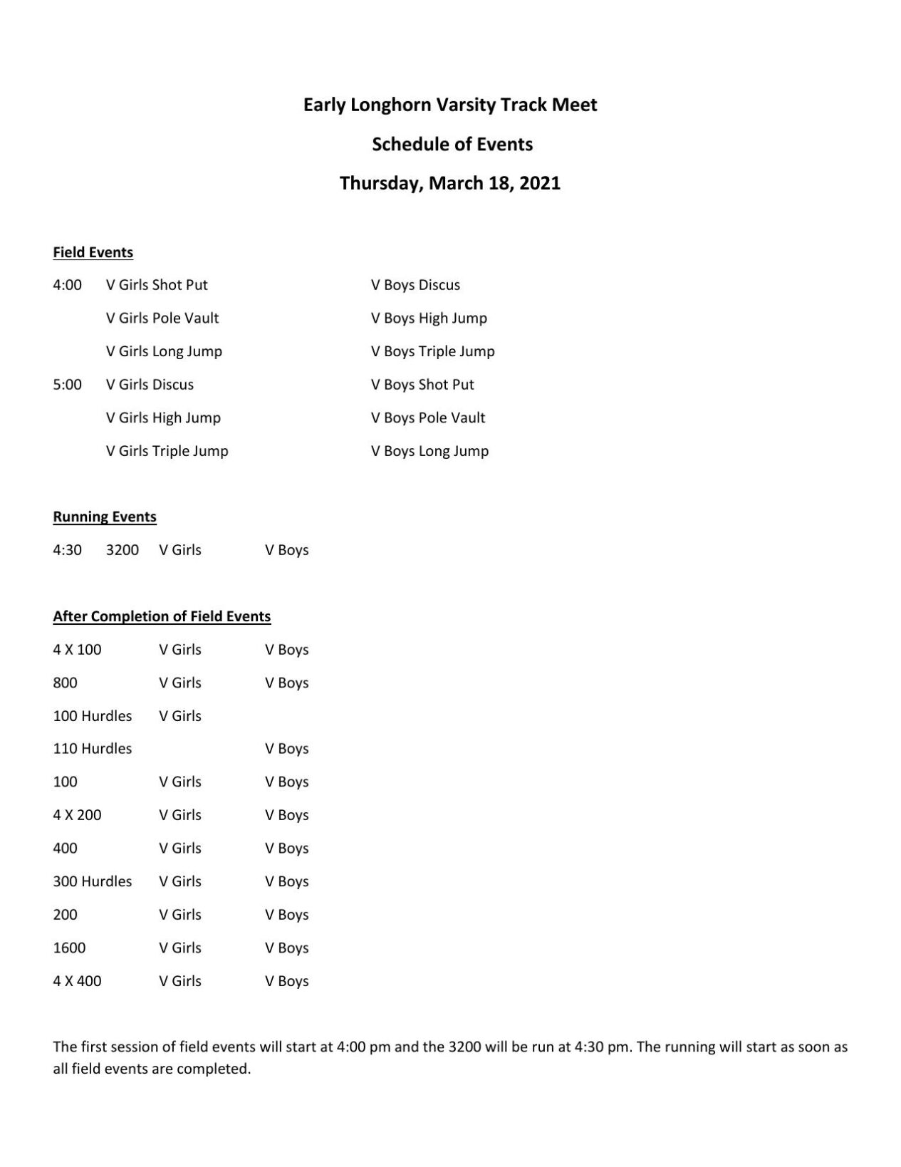 Early Varsity Track Meet 2021 Schedule of Events