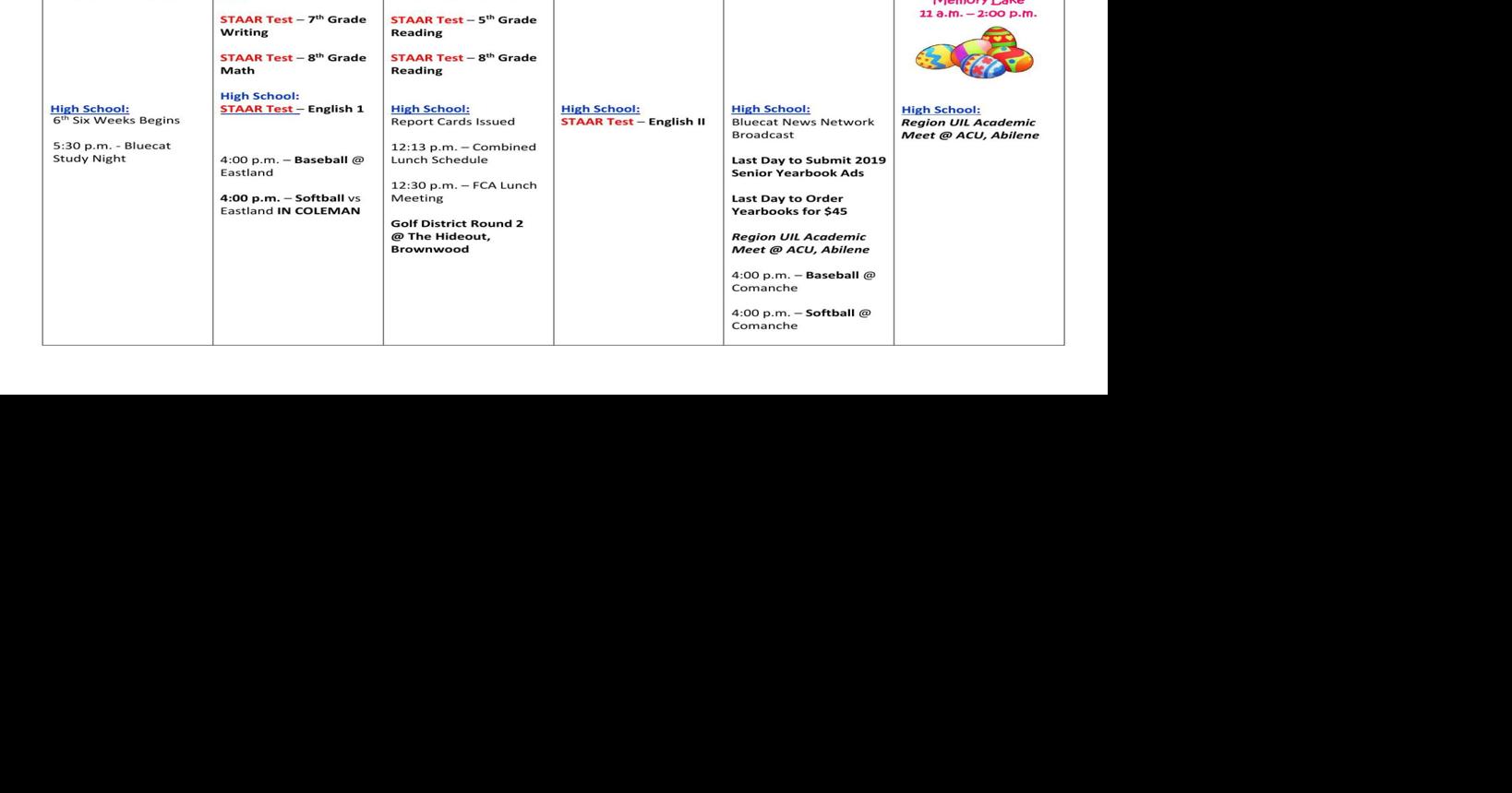 SOFTBALL UPDATED Coleman ISD Calendar for This Week News