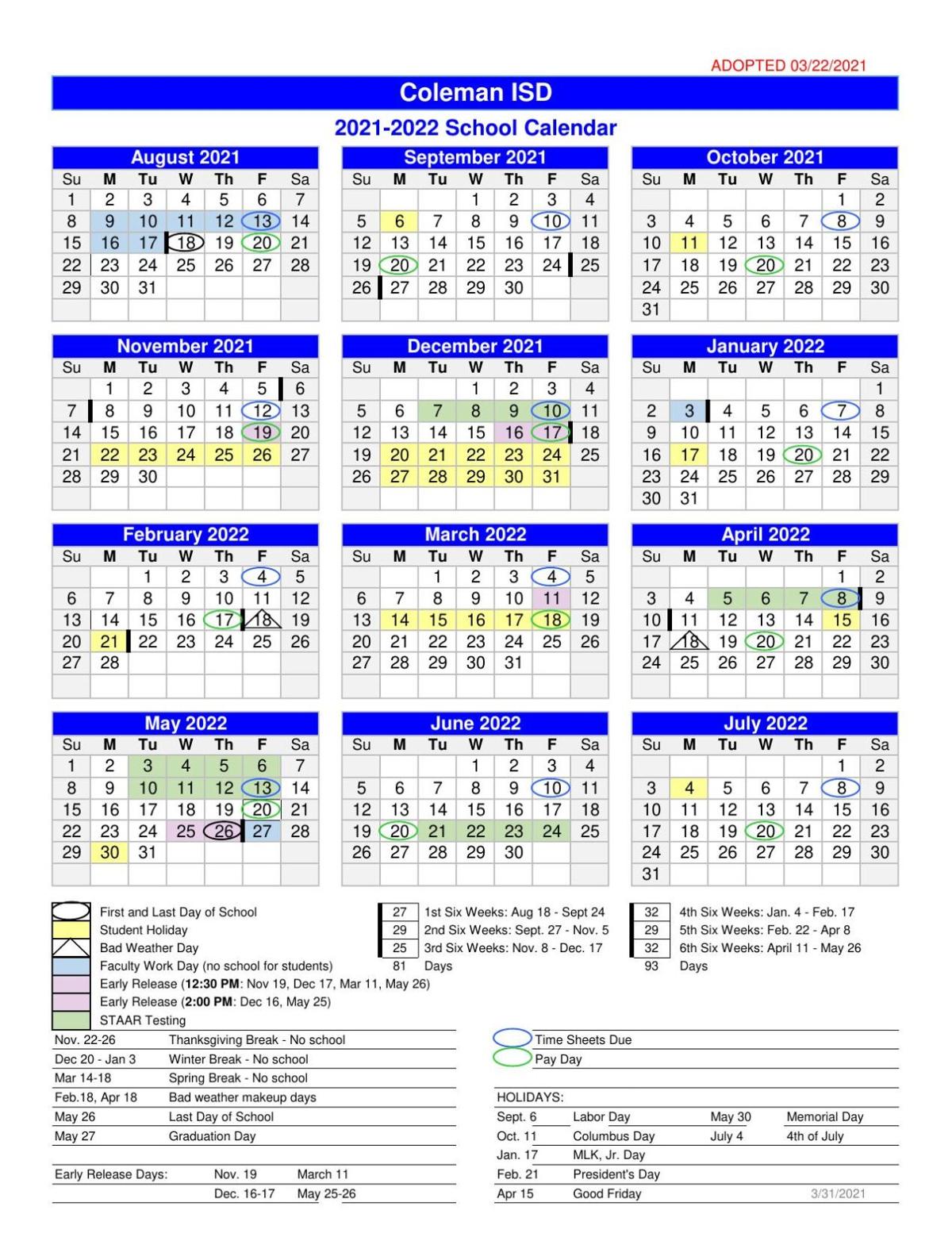 Cisd Calendar 2022 2021-2022 Cisd Calendar | | Colemantoday.com