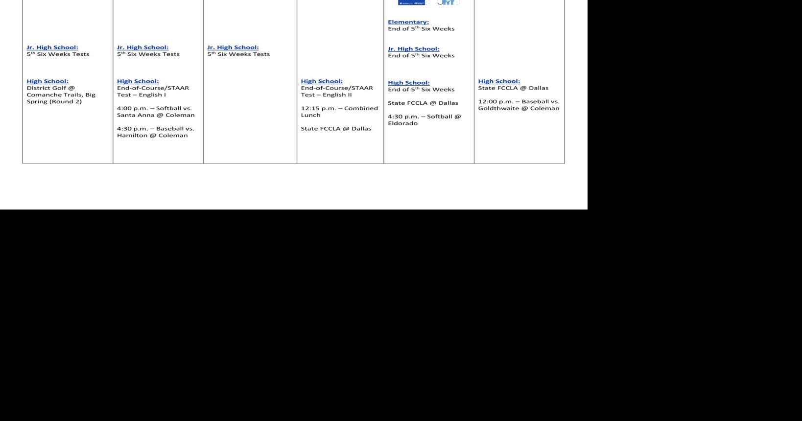 Coleman ISD Calendar for This Week News colemantoday com