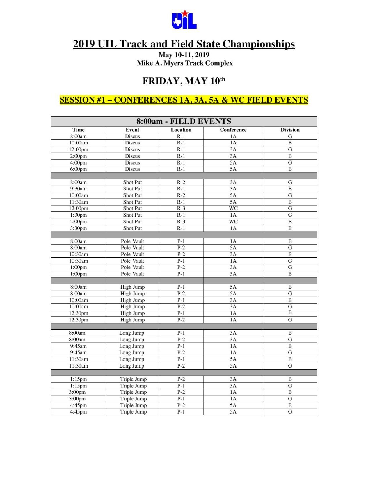 State Track Meet Schedule