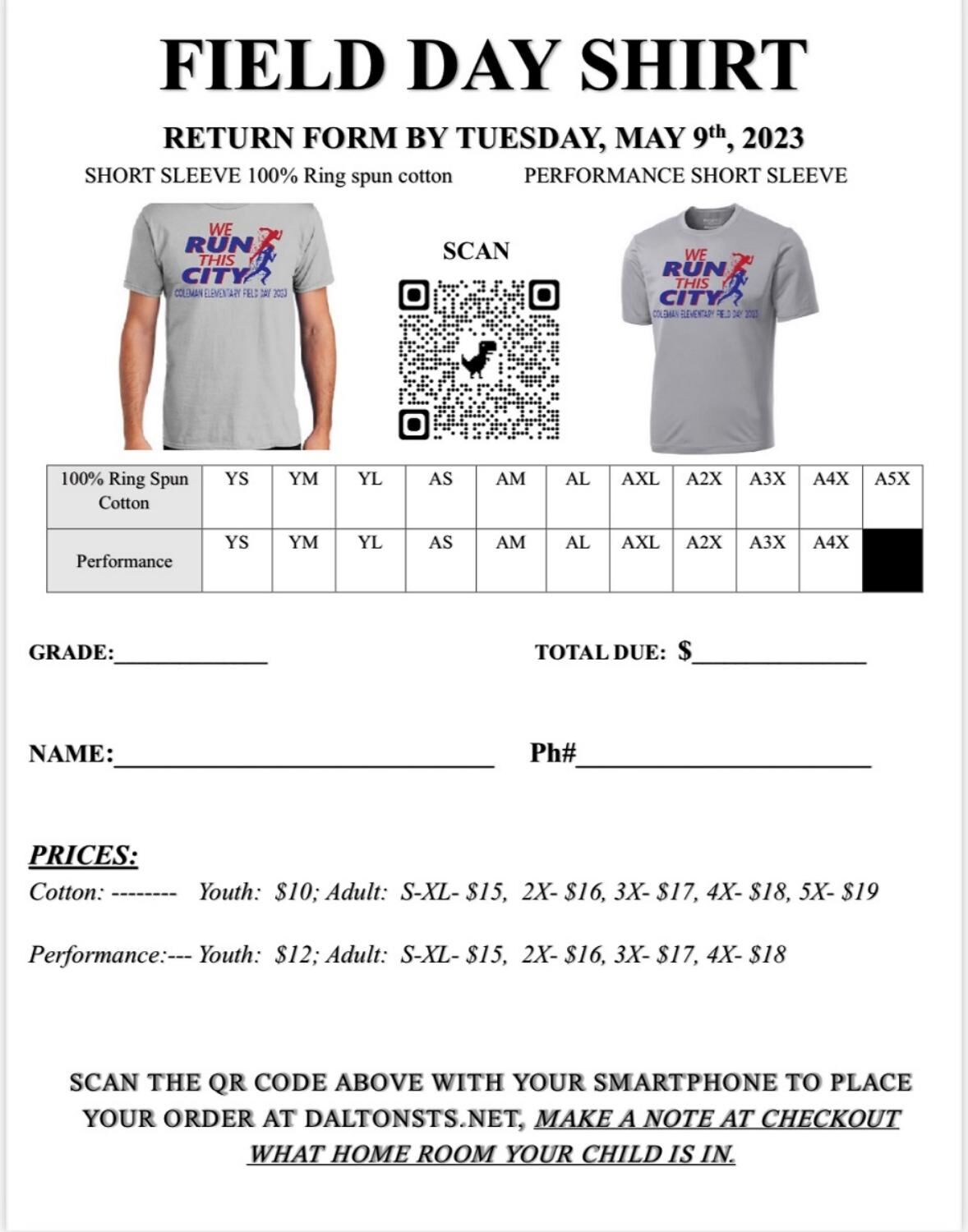Field Day Tshirt Purchase Form
