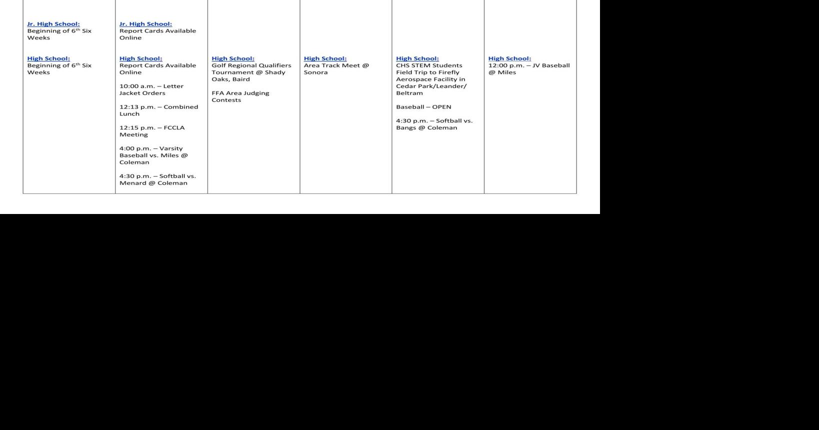 Coleman ISD School Calendar Week of 4/10 News colemantoday com