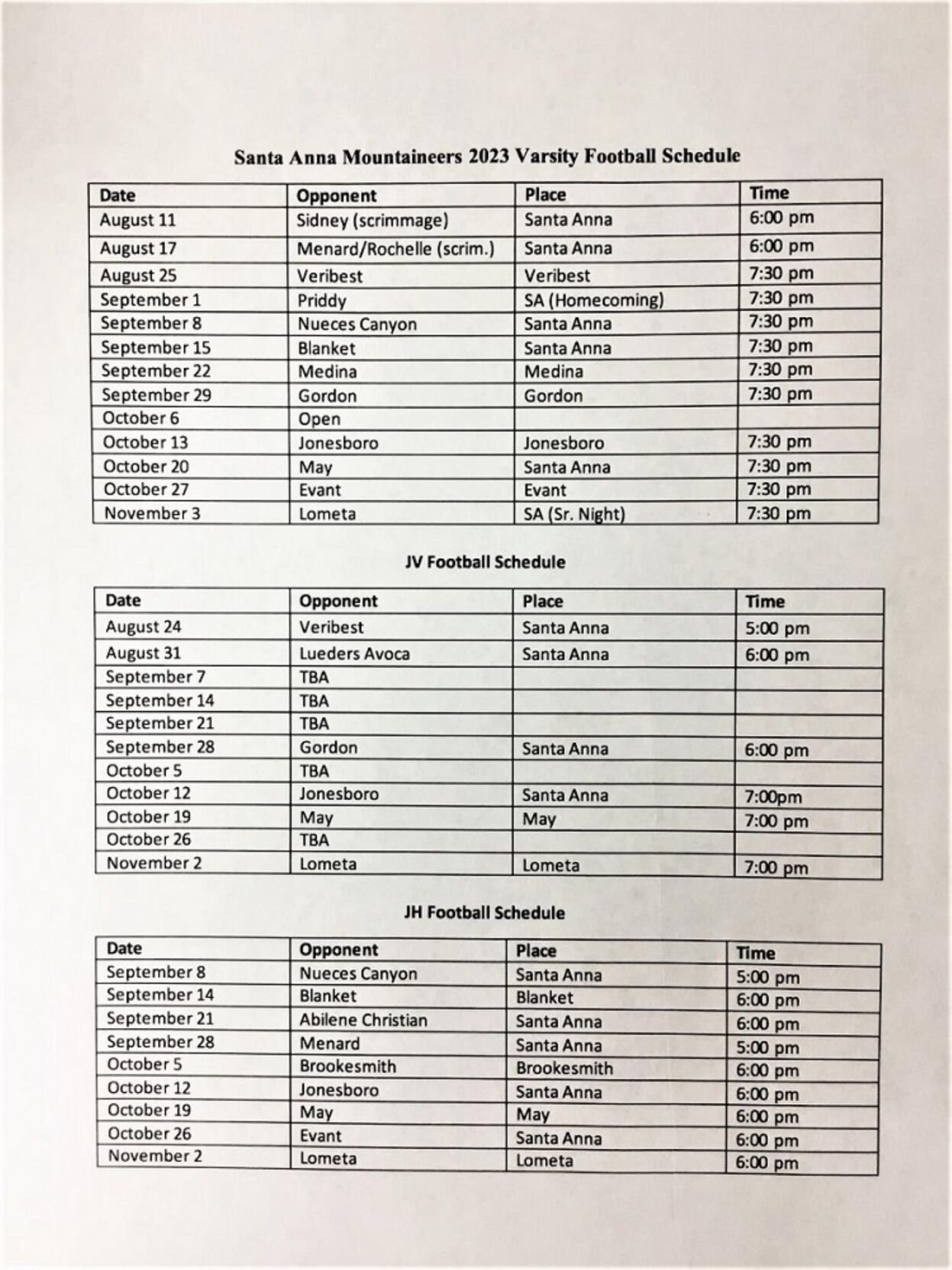 Santa Anna ISD Football Schedule 2023