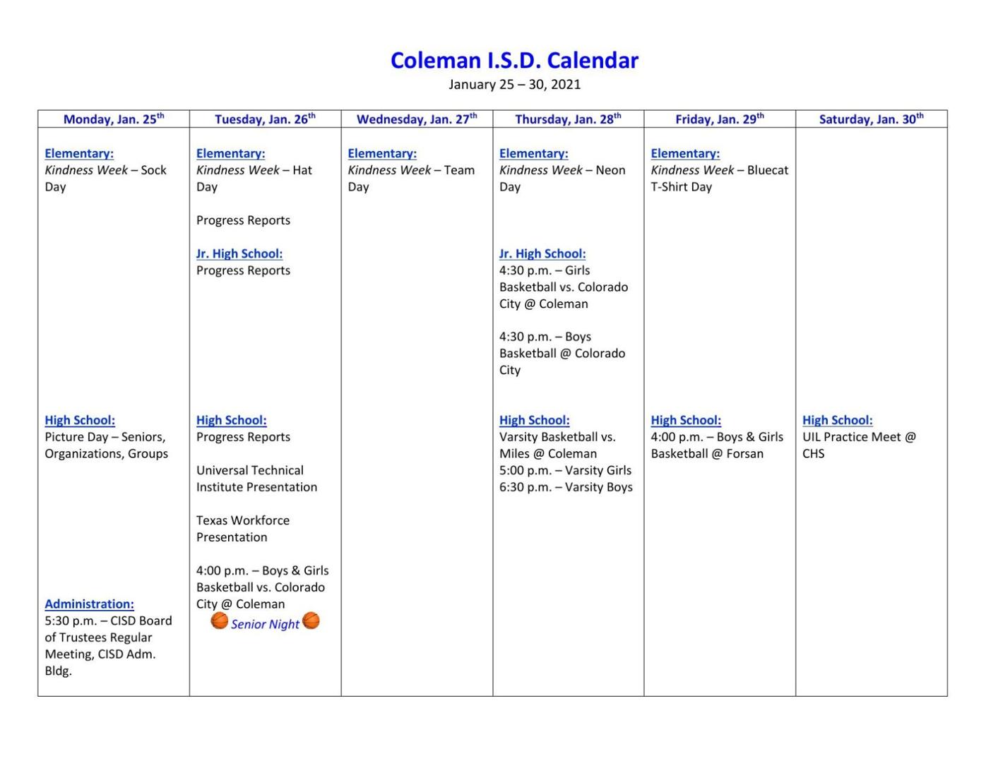 Coleman ISD Calendar for This Week News colemantoday com