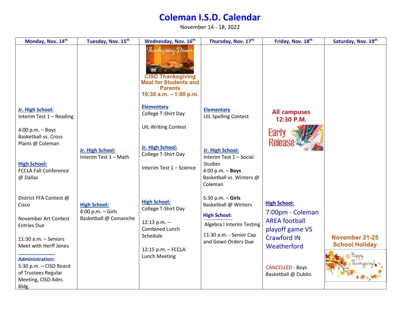 Coleman ISD Calendar for This Week News