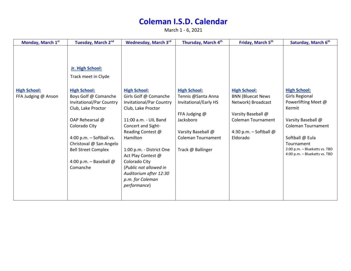 Coleman ISD Calendar for This Week News colemantoday com