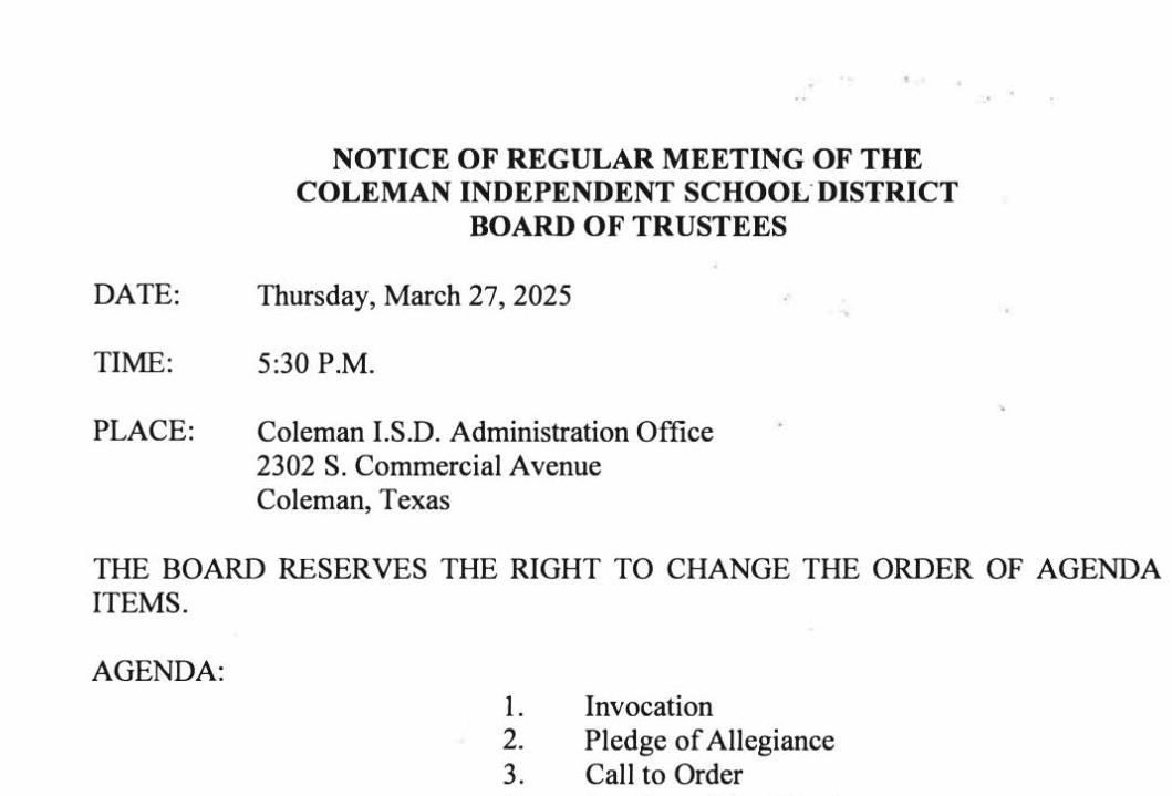 Notice of Regular Meeting of the Coleman ISD Board of Trustees News