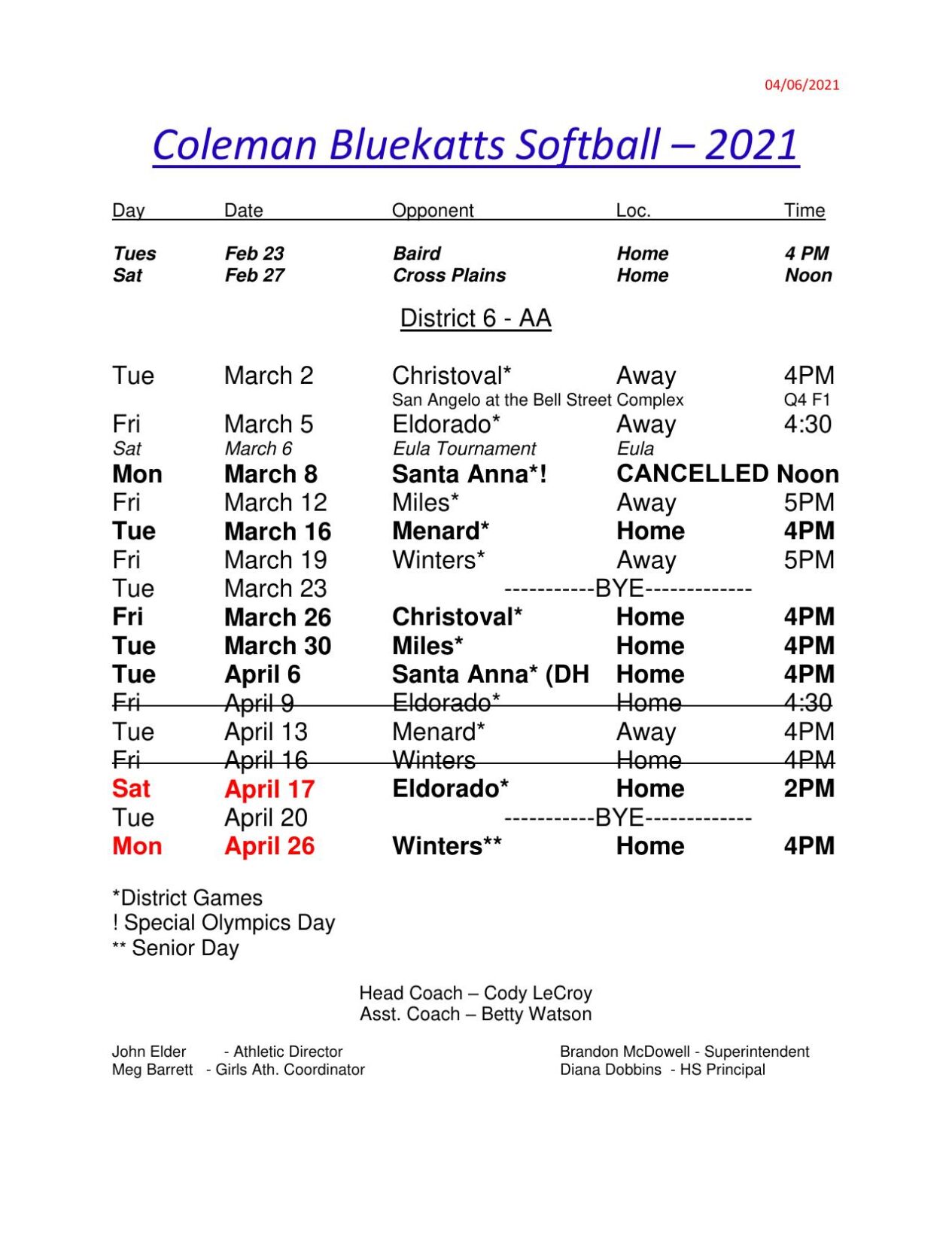 CHS Softball Schedule 2021 Updated April 6th | | colemantoday.com