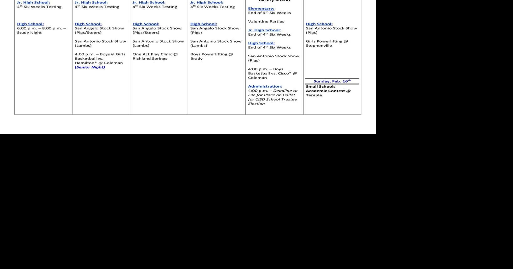 Coleman ISD Calendar for This Week News colemantoday com