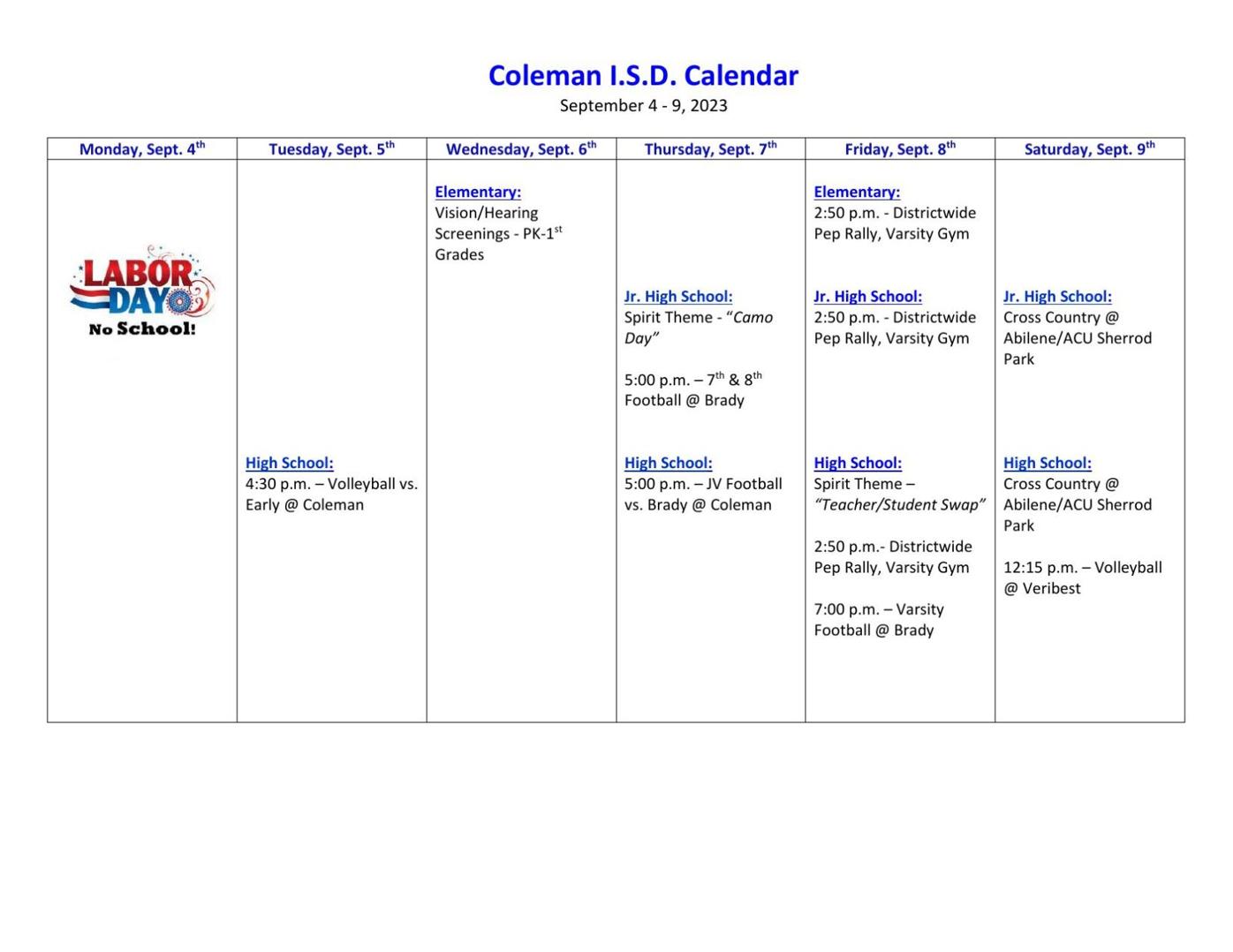 Coleman ISD Calendar for This Week News colemantoday com