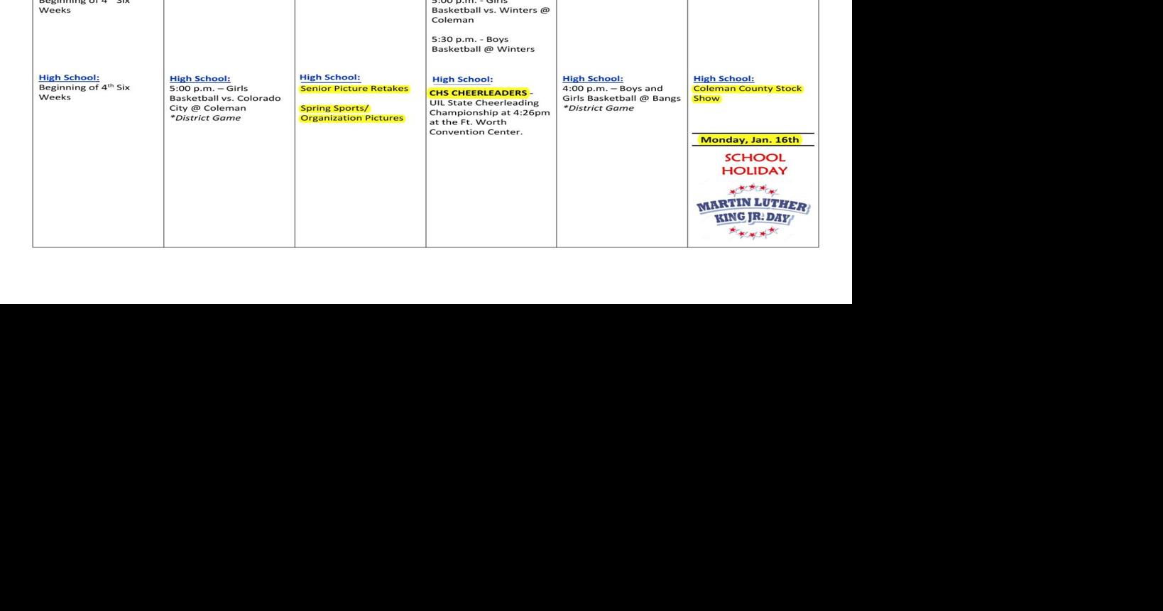 Coleman ISD Calendar for This Week UPDATED News