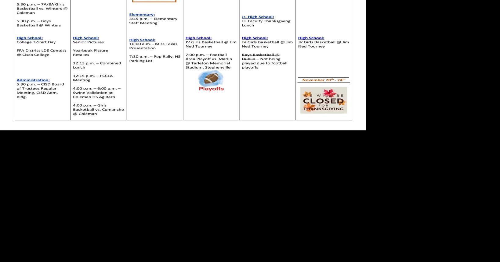 Coleman ISD Calendar for This Week News colemantoday com