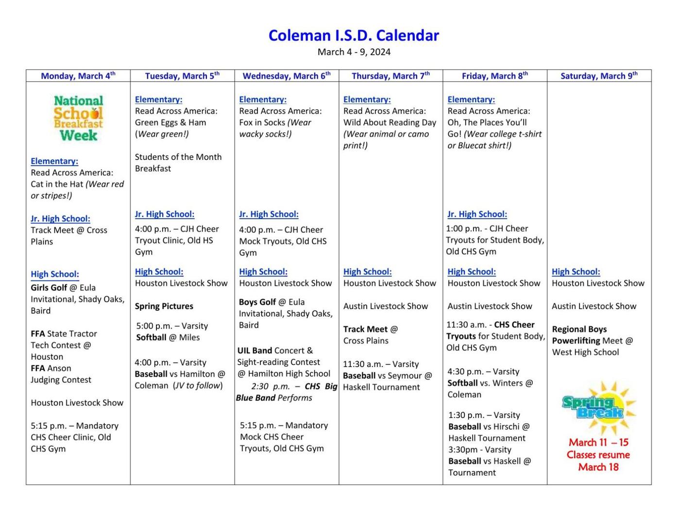 Coleman ISD Calendar for THIS WEEK News colemantoday com