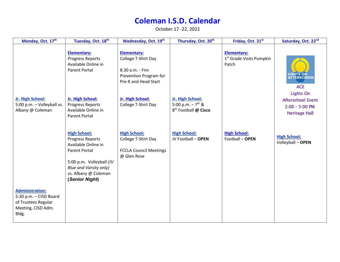 Coleman ISD Calendar for This Week News colemantoday com
