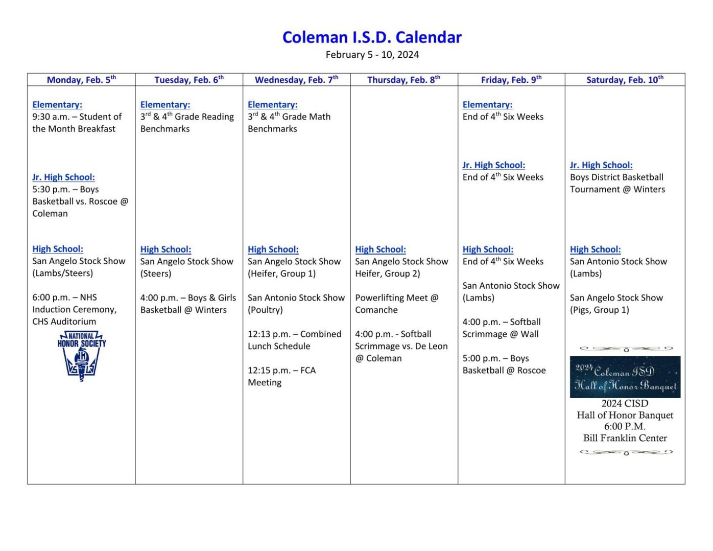 CISD Calendar for This Week News colemantoday com