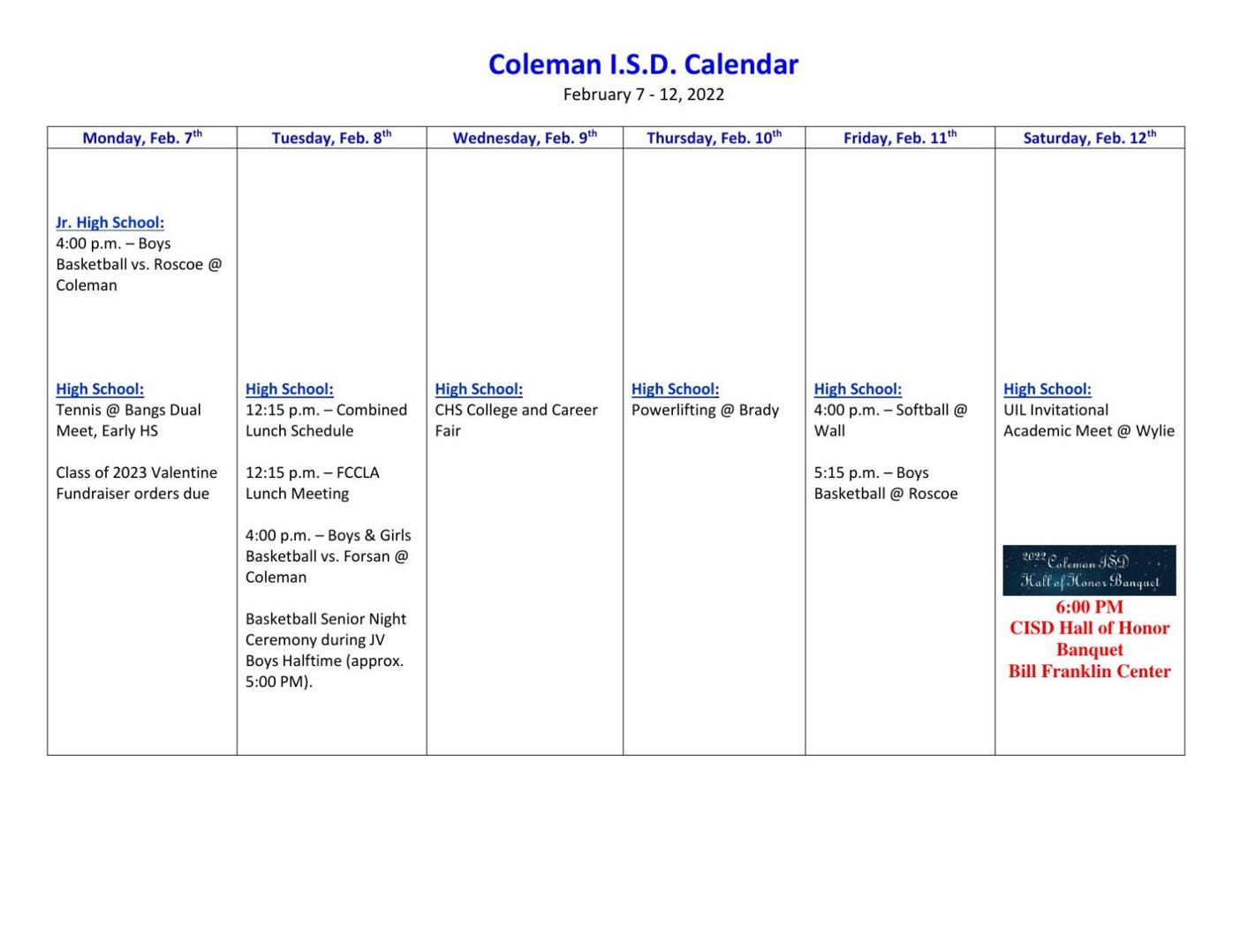 CHS Calendar for This Week News