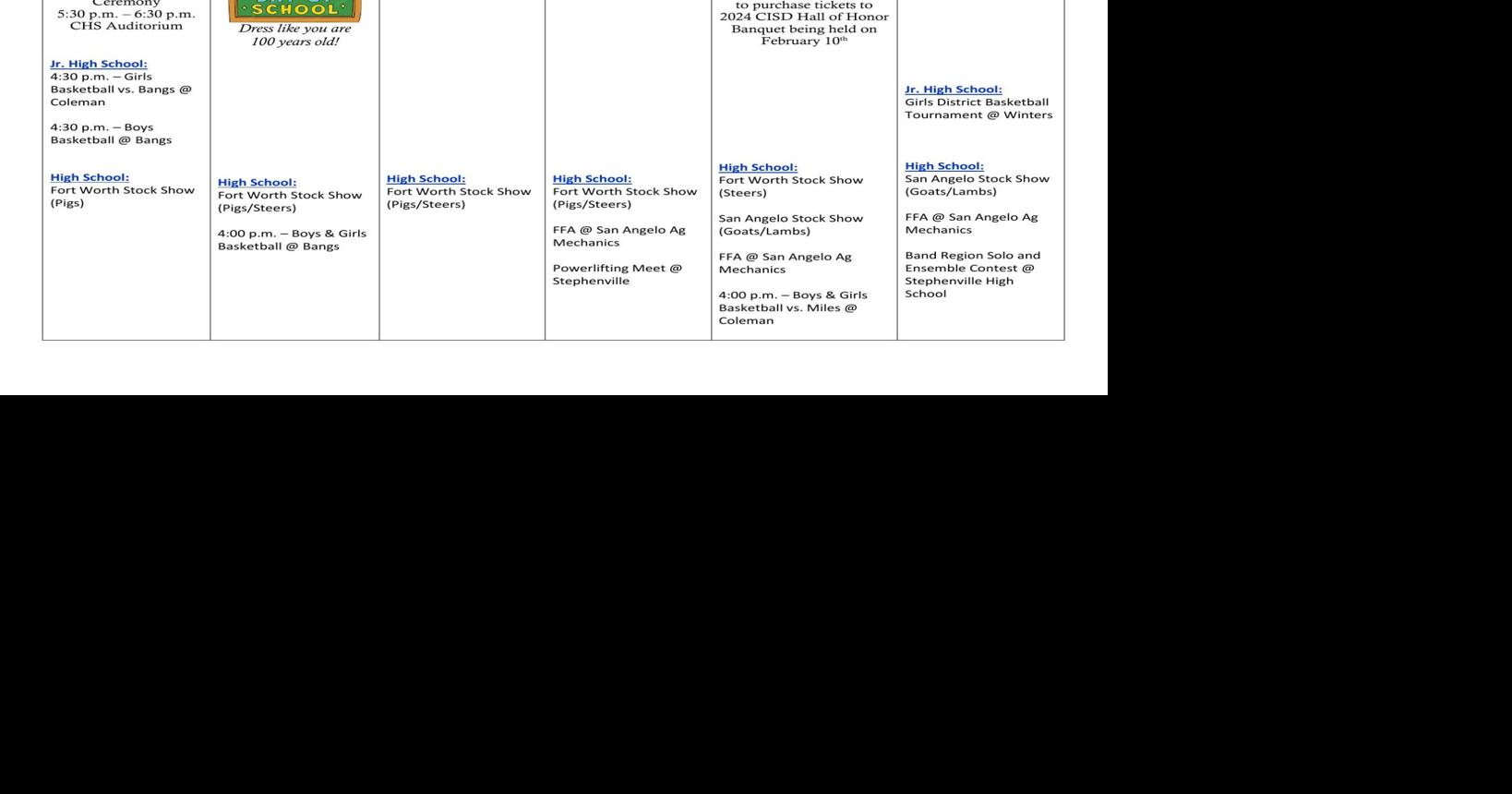 Coleman ISD Calendar Week of January 29 News colemantoday com