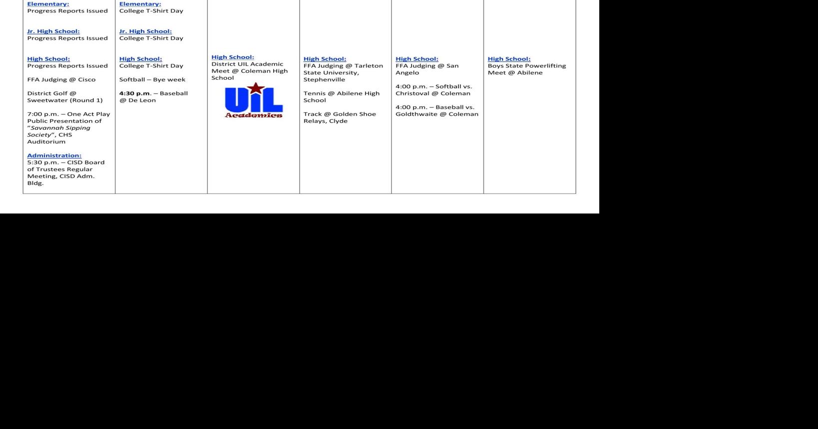 Coleman ISD Calendar for This Week News colemantoday com