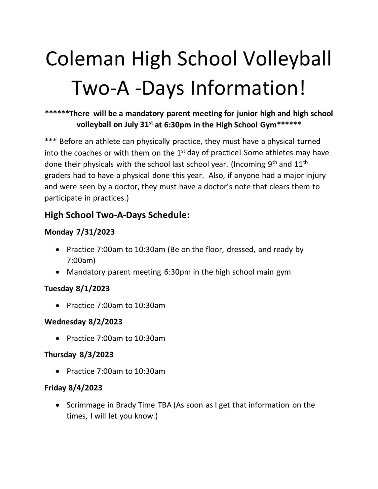 Coleman High School Volleyball Two A Days 2023.pdf