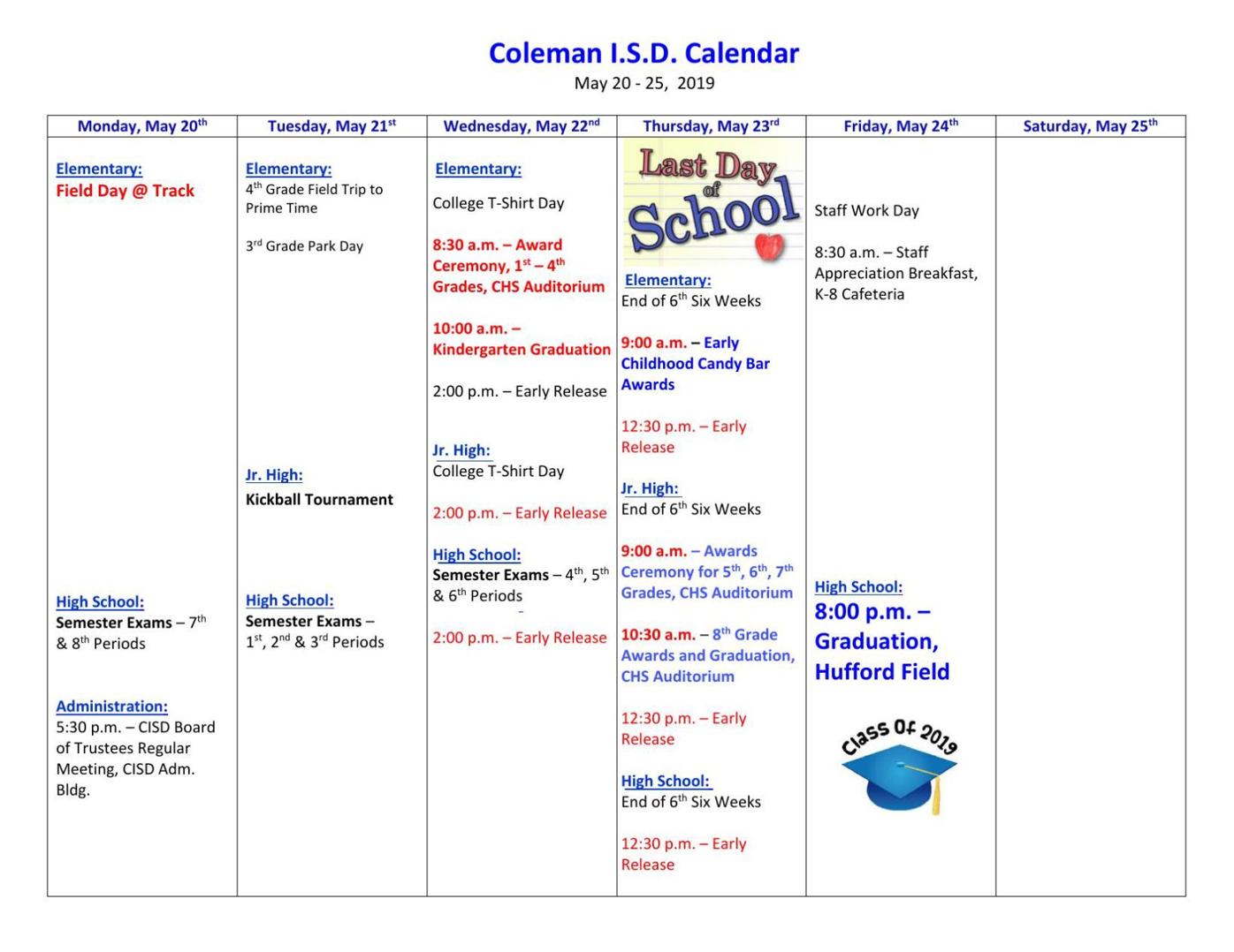 Coleman ISD Calendar for This Week News colemantoday com