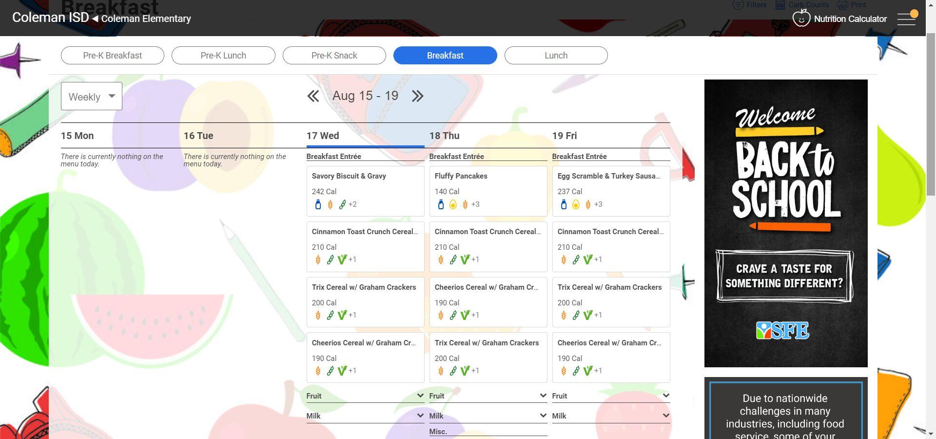 Coleman ISD Cafeteria MENUS AVAILABLE ONLINE News