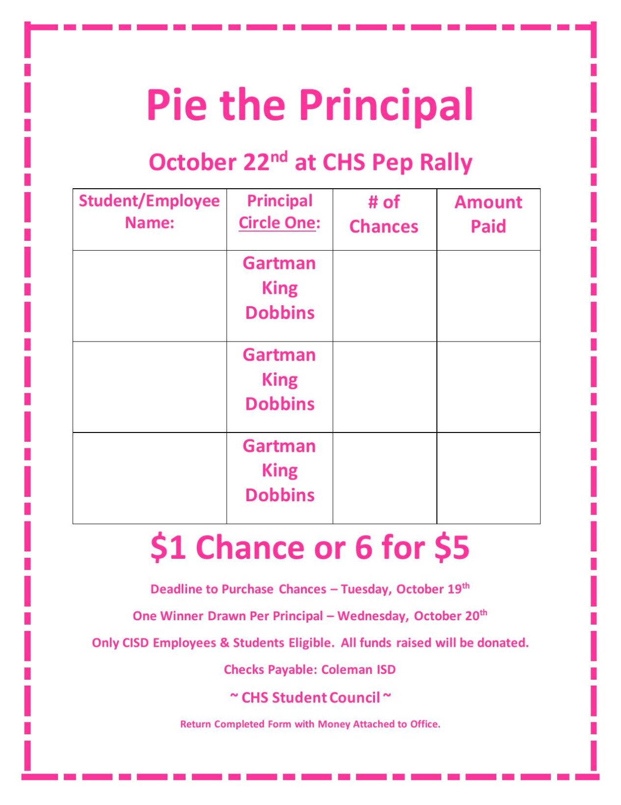 Pie the Principal - Buy Chances FORM | | colemantoday.com