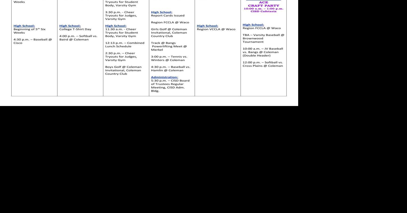 Coleman ISD Calendar for This Week News colemantoday com