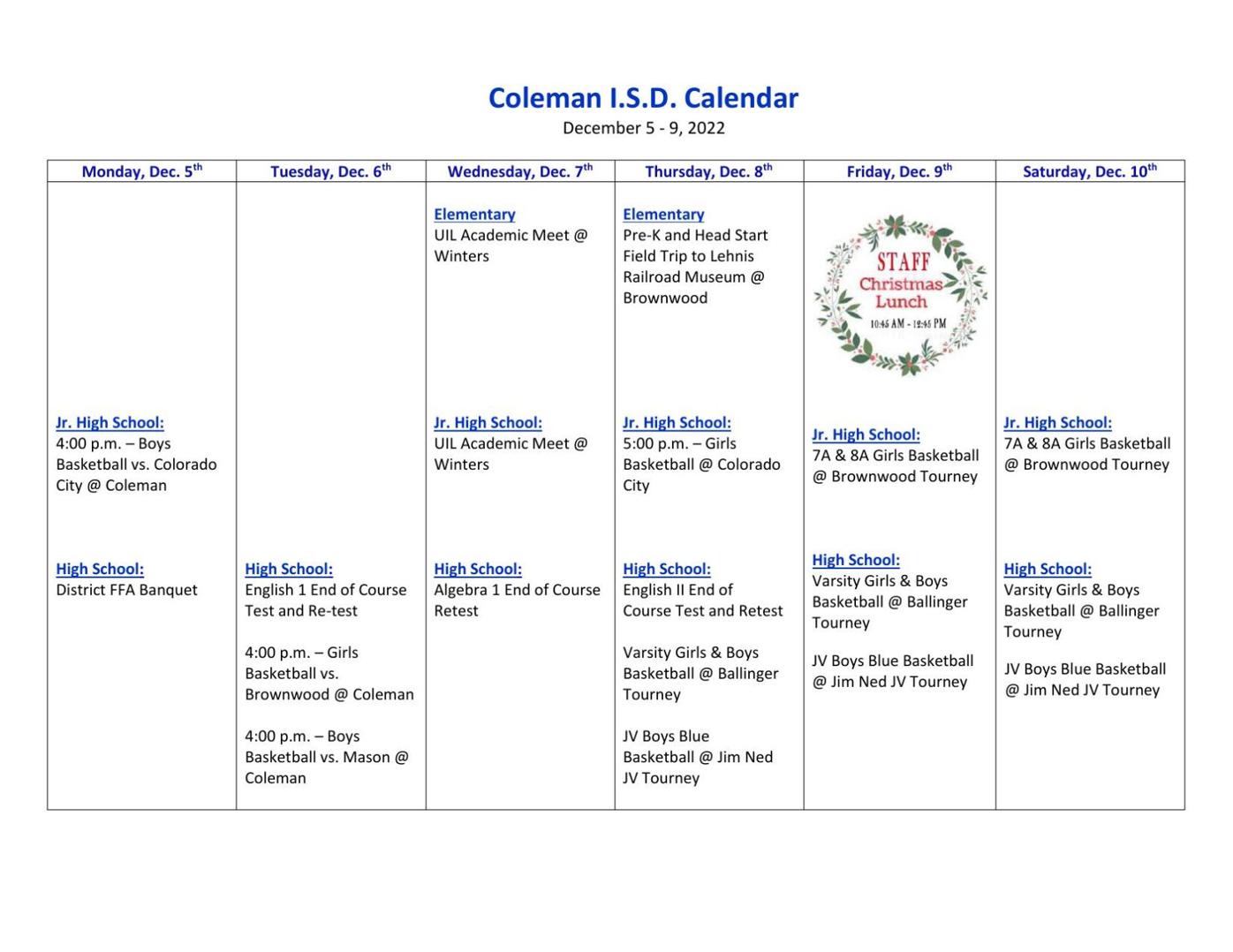 Coleman ISD Calendar for This Week News colemantoday com