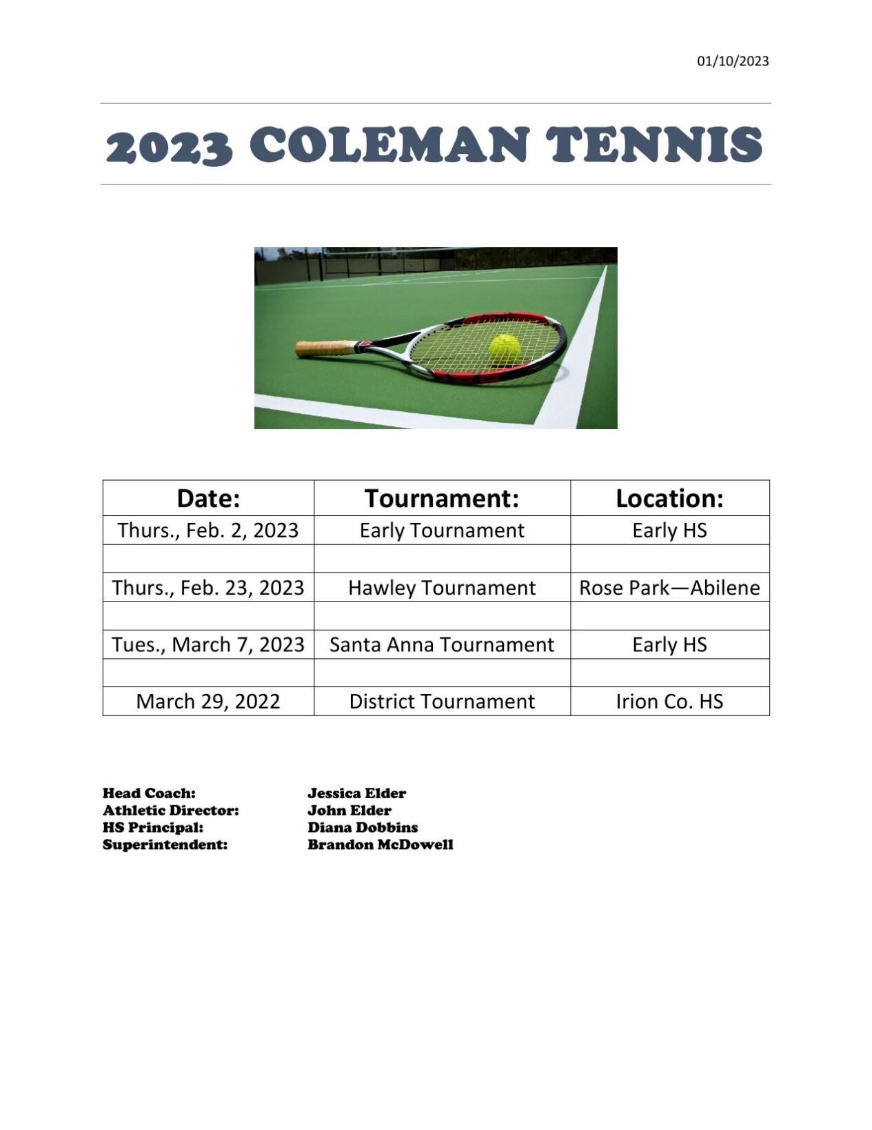 CHS Tennis Schedule for 2023 Sports