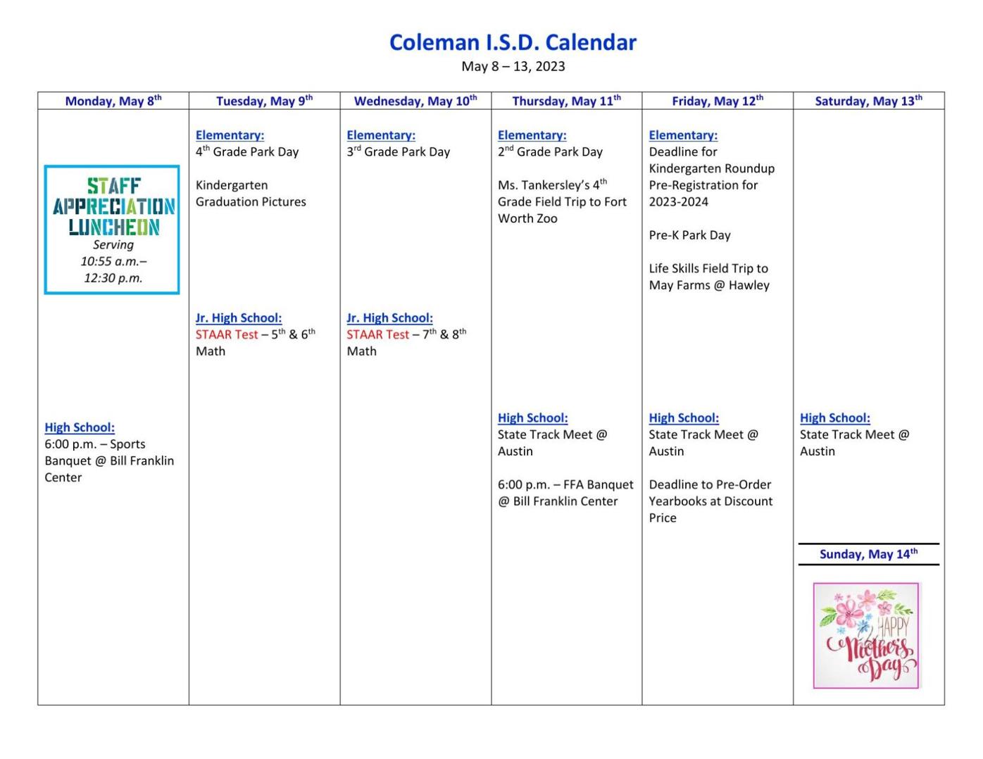 CISD Calendar for This Week News