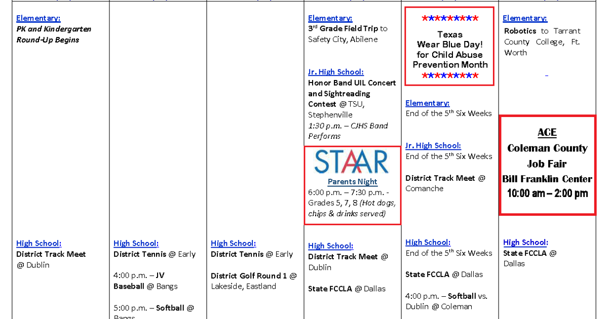 Coleman ISD Calendar for This Week News