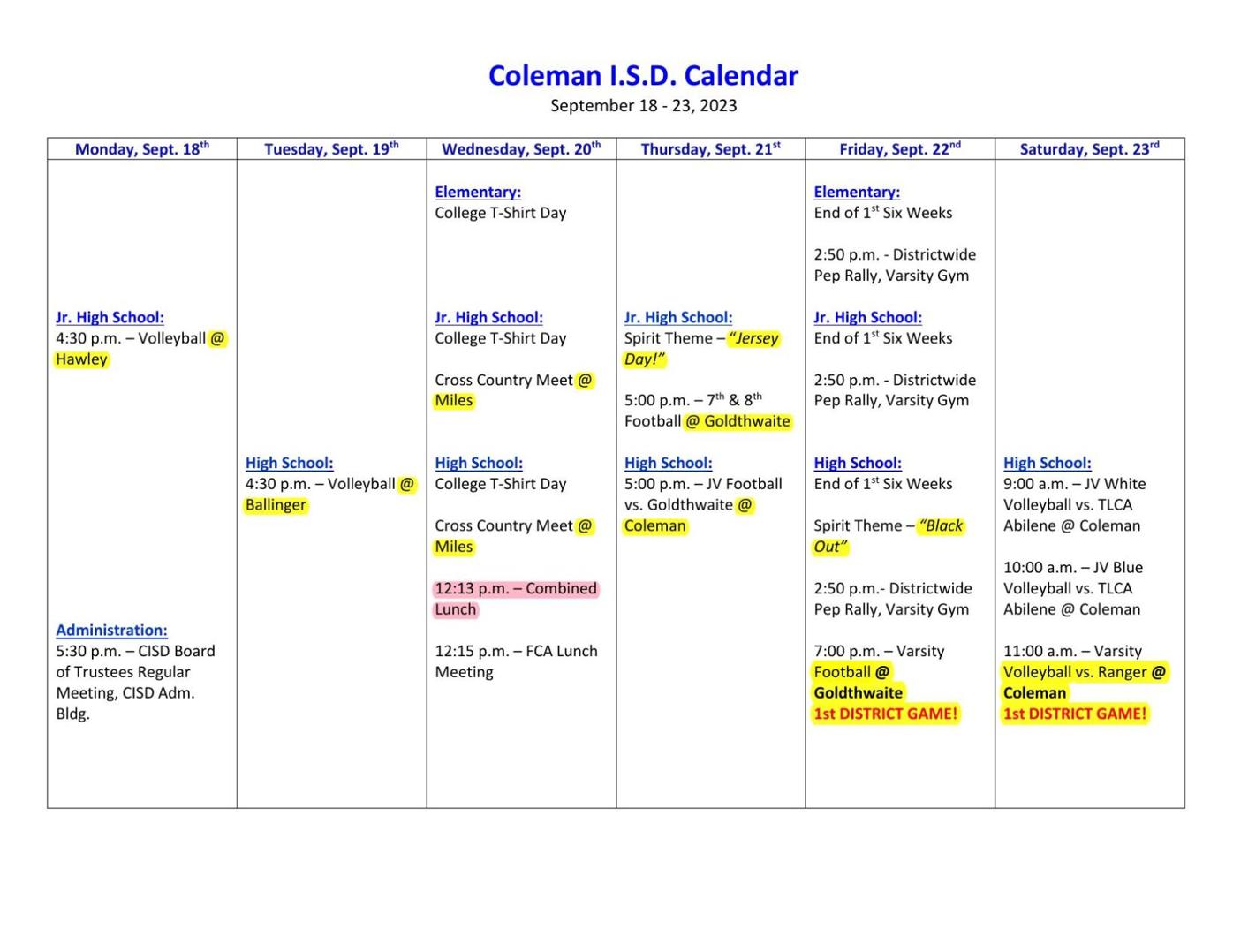 Coleman ISD Calendar for This Week News colemantoday com