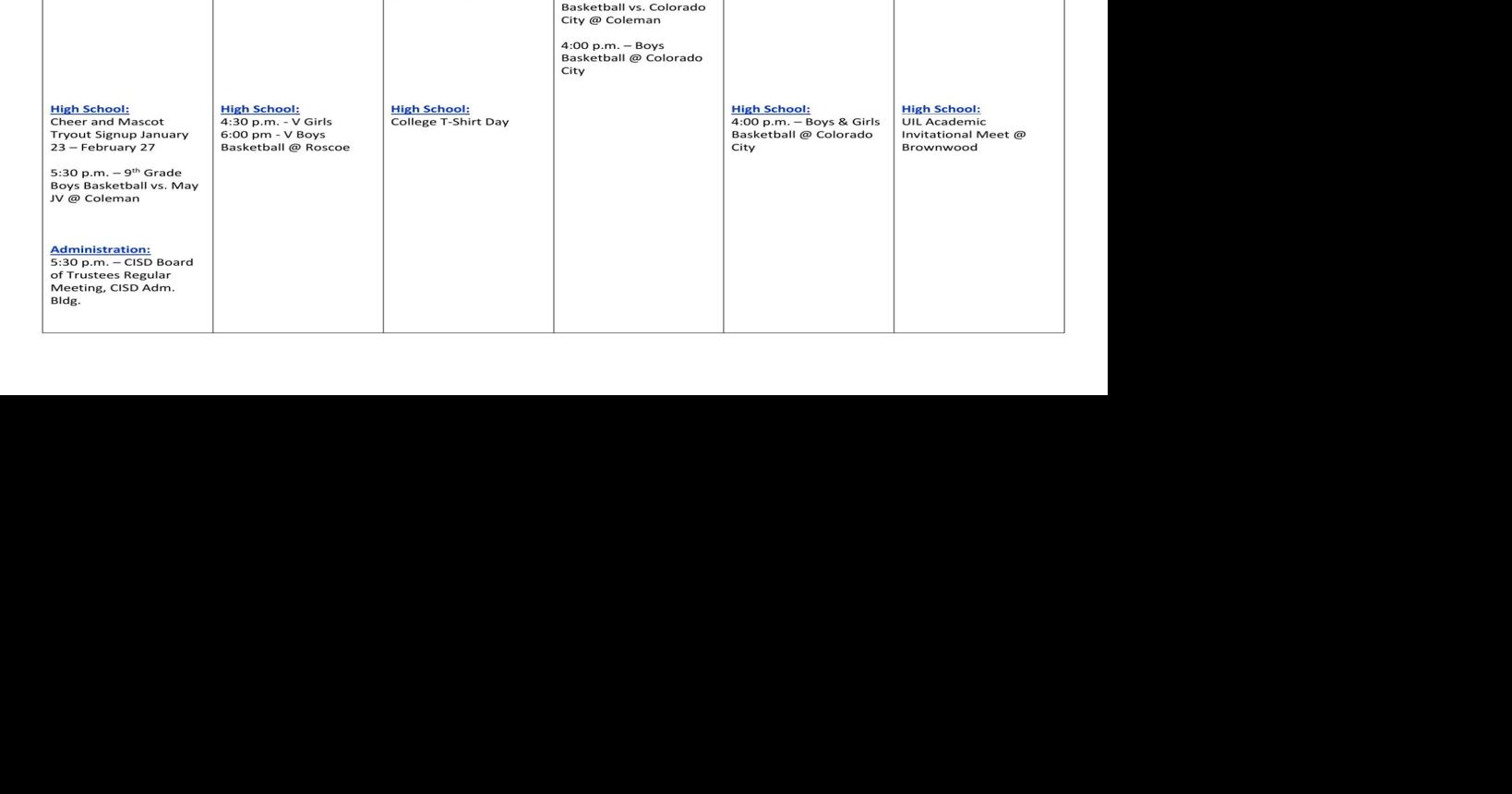 Coleman ISD Calendar for This Week News