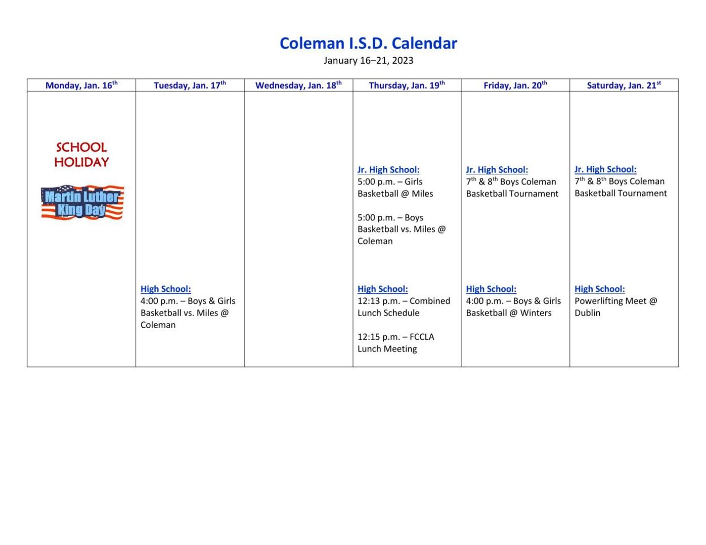 Coleman ISD Calendar for This Week News