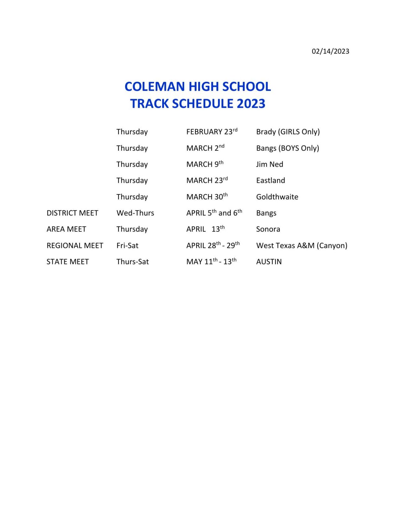 COLEMAN HIGH SCHOOL TRACK SCHEDULE 2023.pdf