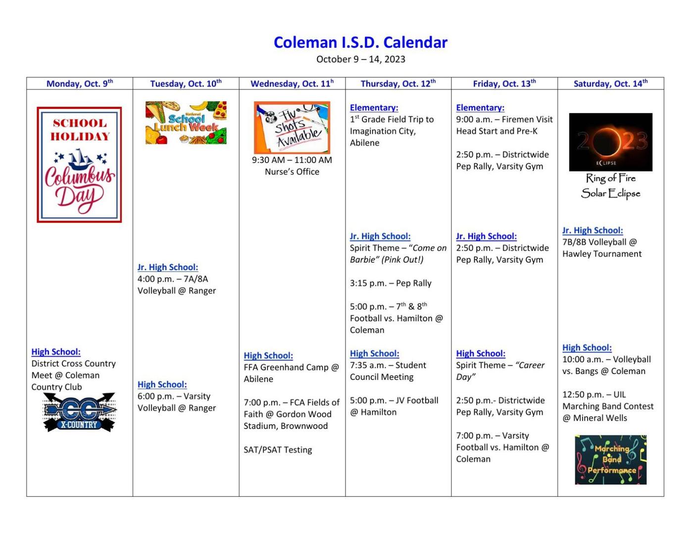 CISD Calendar for This Week | News | colemantoday.com