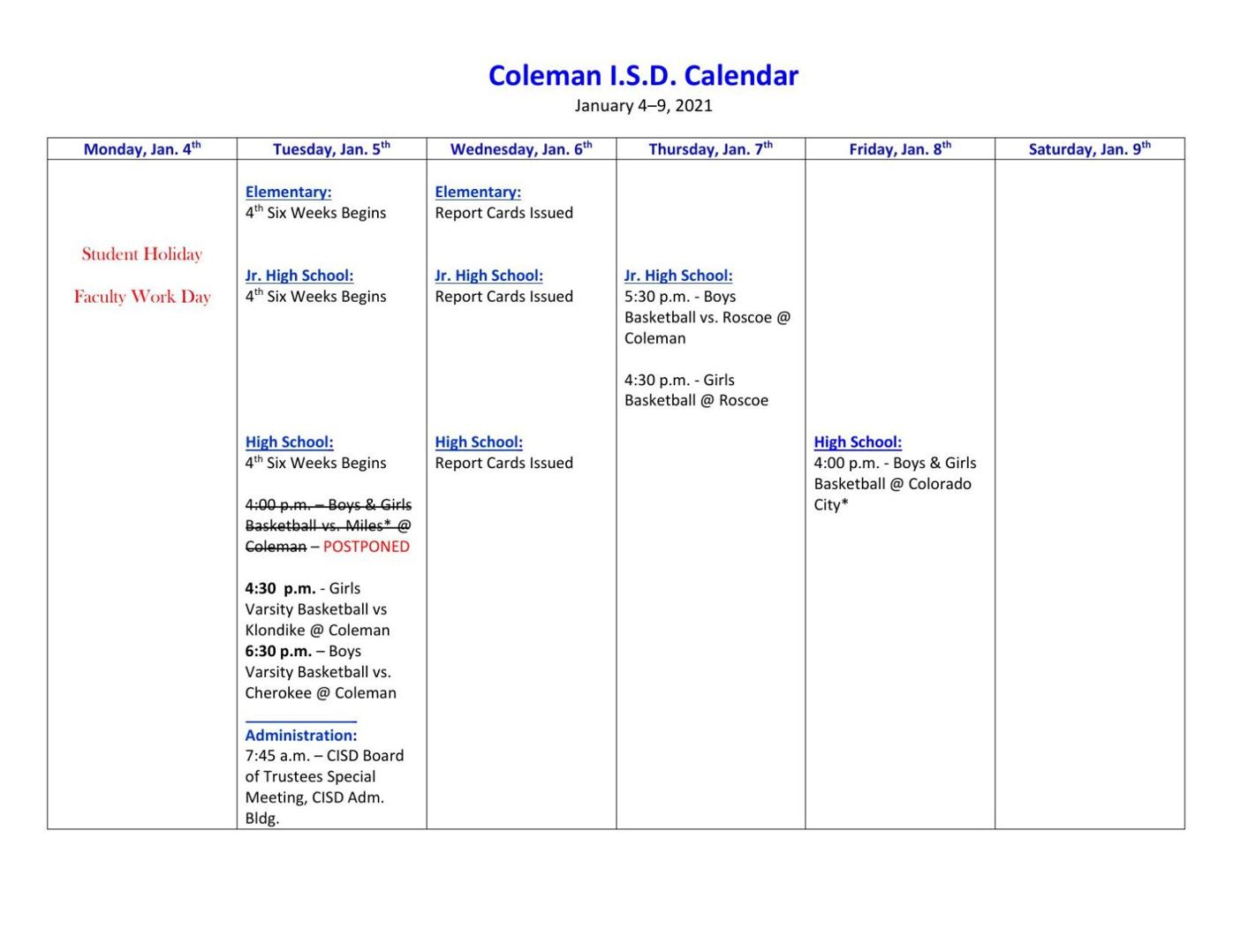 Coleman ISD Calendar for This Week News