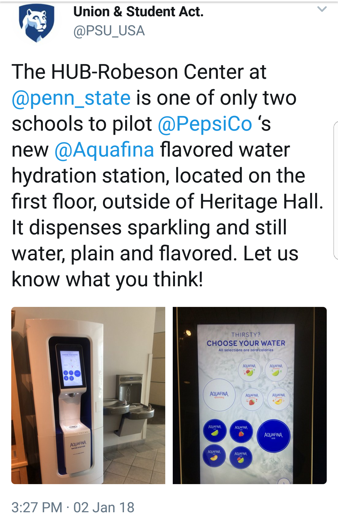 Aquafina flavored water station comes to HUBRobeson Center in pilot