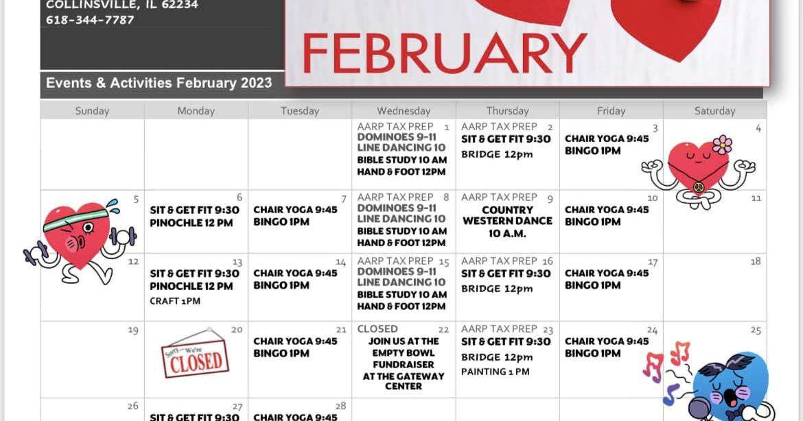 Collinsville Senior Center February Activity Calendar Arts And