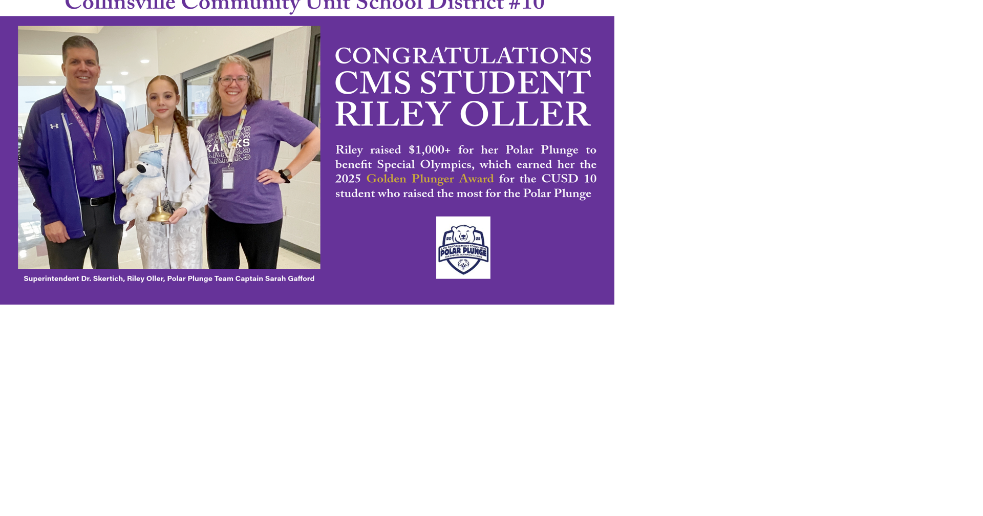 CMS Student Riley Oller is Top Student Fundraiser for 2025 Polar Plunge ...