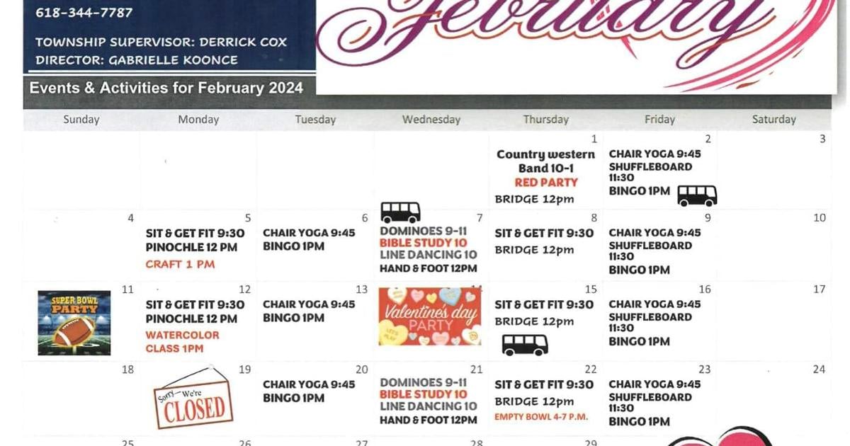 Collinsville Senior Center February Activity Calendar Arts And