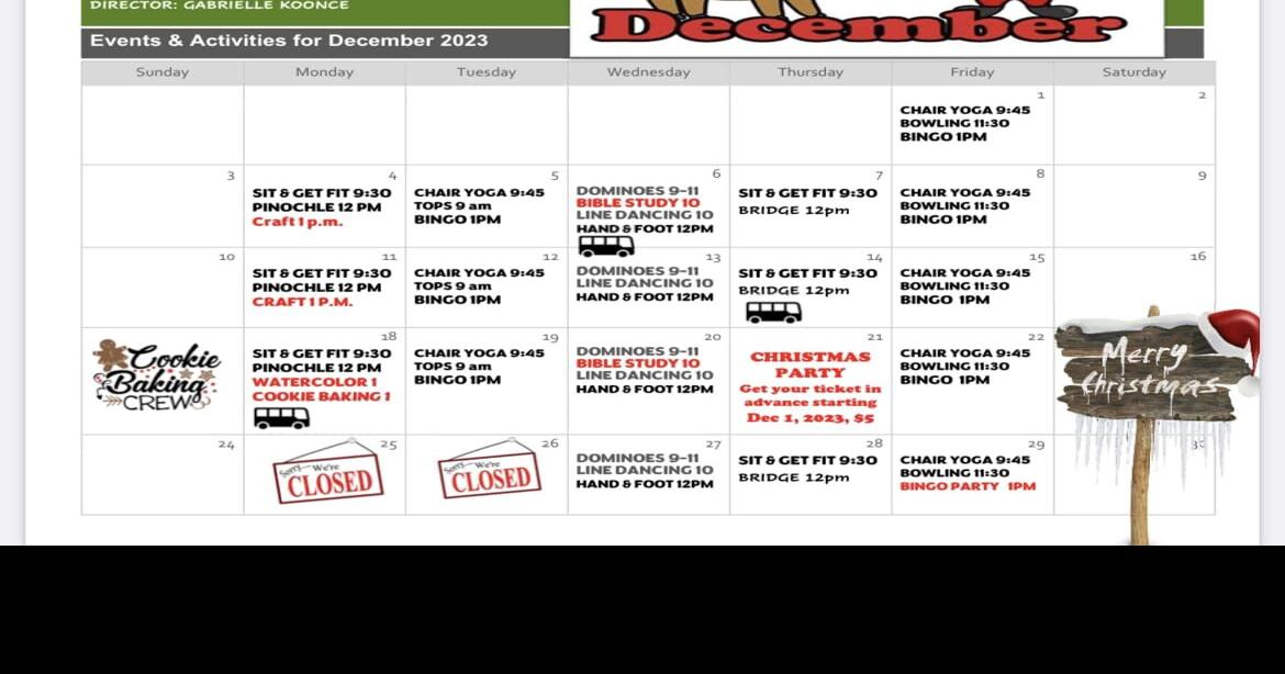 Collinsville Senior Center December Activity Calendar Arts & Entertainment