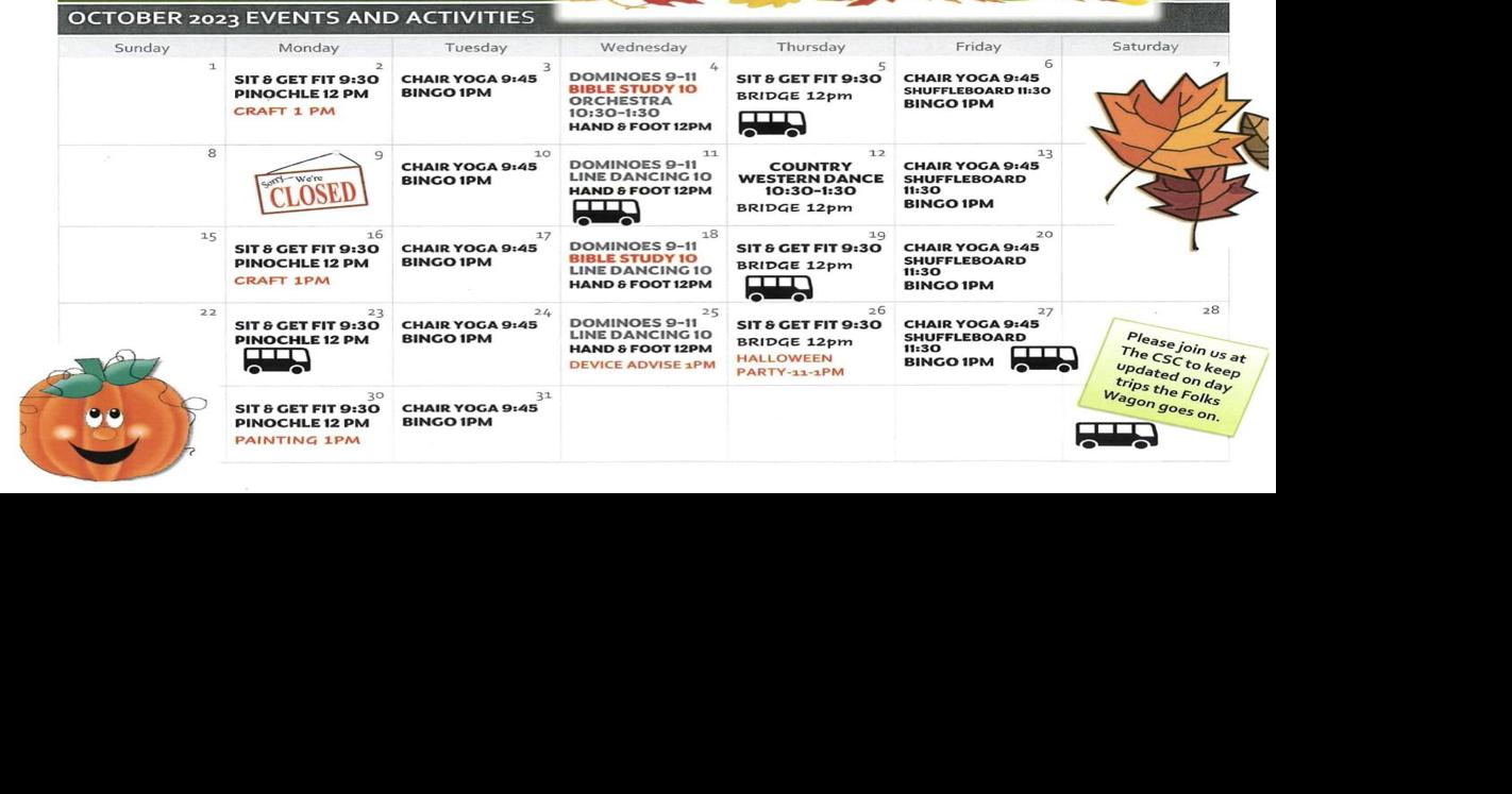 Collinsville Senior Center October Activity Calendar Arts & Entertainment